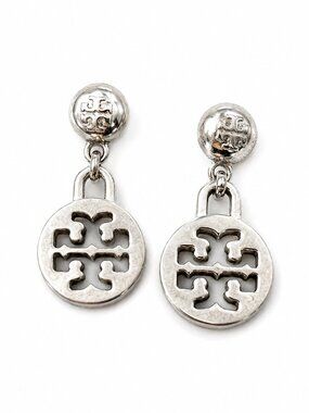 Tory Burch Silver Tone Logo Drop Earrings